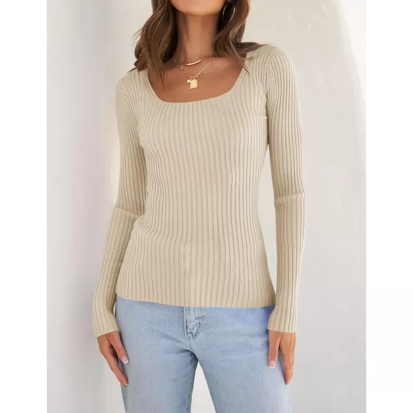 imageZESICA Womens Casual Long Sleeve Tops Square Neck Basic Shirts Fall Winter Slim Fitted Ribbed Knit SweatersSand