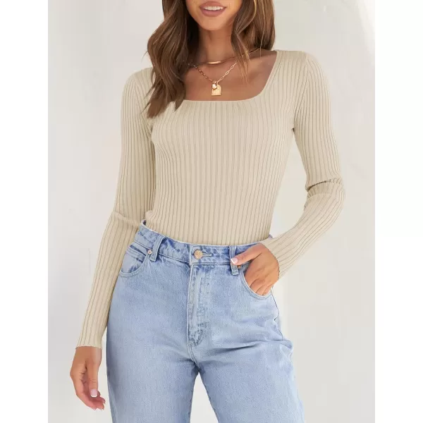 imageZESICA Womens Casual Long Sleeve Tops Square Neck Basic Shirts Fall Winter Slim Fitted Ribbed Knit SweatersSand