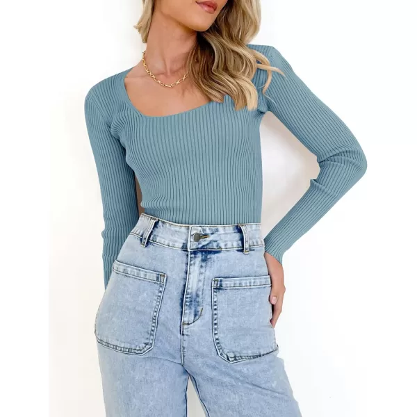 imageZESICA Womens Casual Long Sleeve Tops Square Neck Basic Shirts Fall Winter Slim Fitted Ribbed Knit SweatersSky