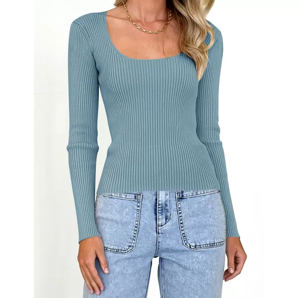 imageZESICA Womens Casual Long Sleeve Tops Square Neck Basic Shirts Fall Winter Slim Fitted Ribbed Knit SweatersSky