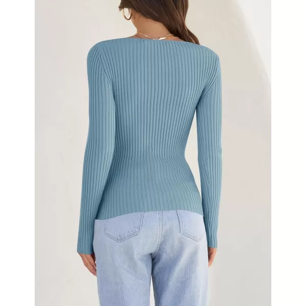 imageZESICA Womens Casual Long Sleeve Tops Square Neck Basic Shirts Fall Winter Slim Fitted Ribbed Knit SweatersSky