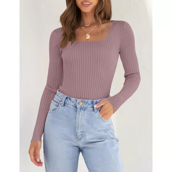 imageZESICA Womens Casual Long Sleeve Tops Square Neck Basic Shirts Fall Winter Slim Fitted Ribbed Knit SweatersTaro