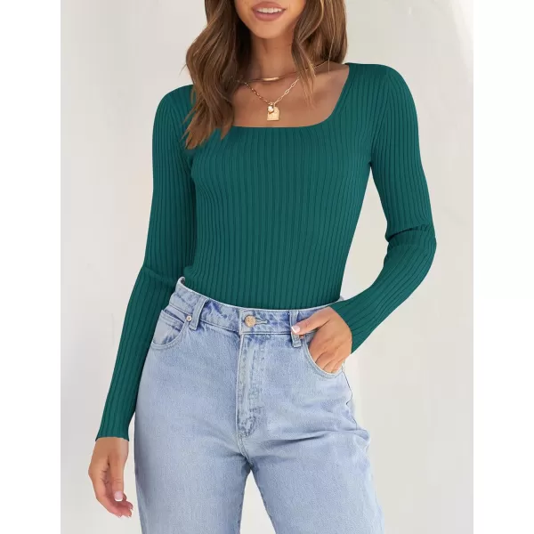 imageZESICA Womens Casual Long Sleeve Tops Square Neck Basic Shirts Fall Winter Slim Fitted Ribbed Knit SweatersTeal