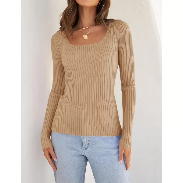 imageZESICA Womens Casual Long Sleeve Tops Square Neck Basic Shirts Fall Winter Slim Fitted Ribbed Knit SweatersToffee
