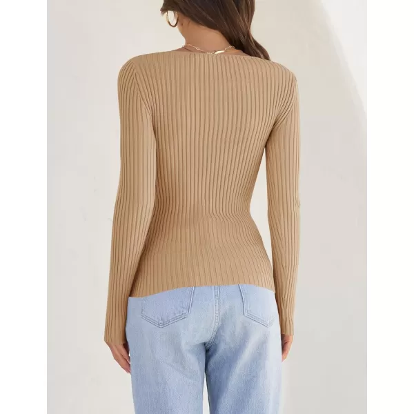 imageZESICA Womens Casual Long Sleeve Tops Square Neck Basic Shirts Fall Winter Slim Fitted Ribbed Knit SweatersToffee