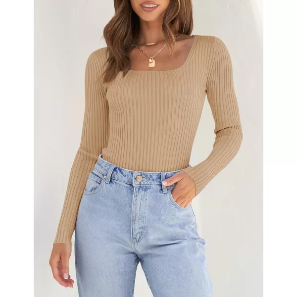 imageZESICA Womens Casual Long Sleeve Tops Square Neck Basic Shirts Fall Winter Slim Fitted Ribbed Knit SweatersToffee