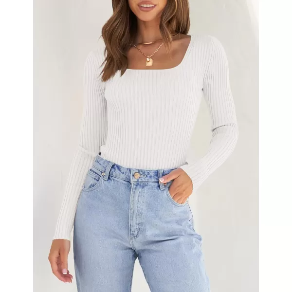 imageZESICA Womens Casual Long Sleeve Tops Square Neck Basic Shirts Fall Winter Slim Fitted Ribbed Knit SweatersWhite