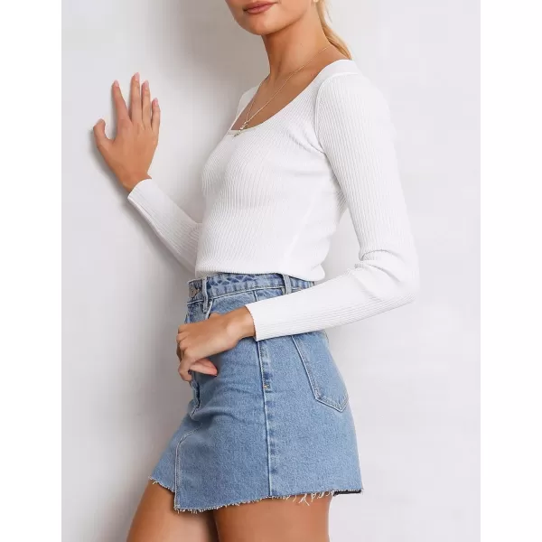 imageZESICA Womens Casual Long Sleeve Tops Square Neck Basic Shirts Fall Winter Slim Fitted Ribbed Knit SweatersWhite