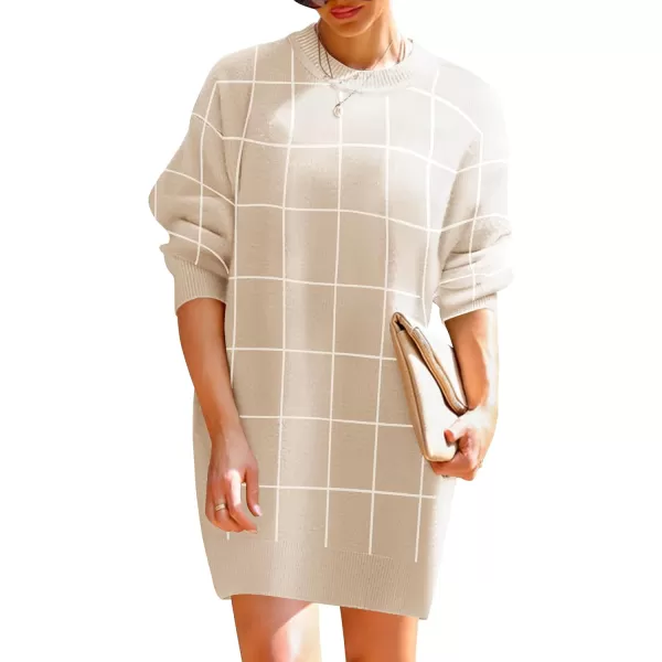imageZESICA Womens Casual Long Sleeve Tunic Sweater Dress Crew Neck Plaid Knit Oversized Pullover Jumper TopsApricot