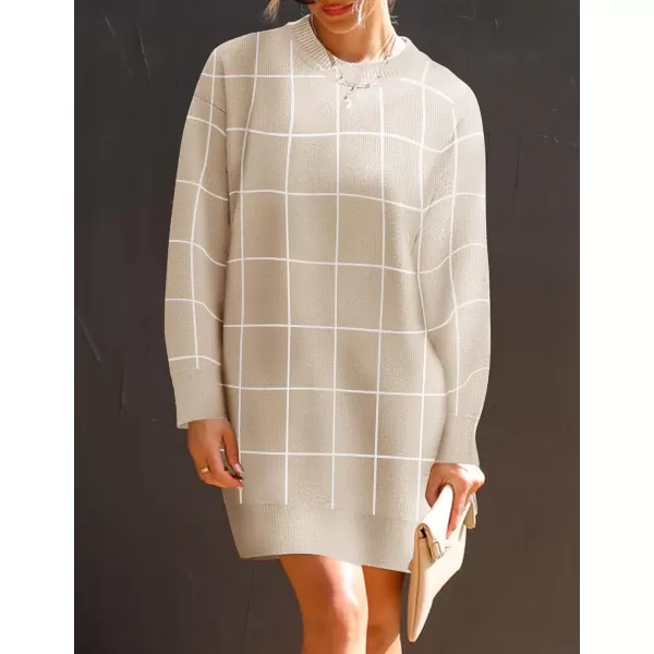 imageZESICA Womens Casual Long Sleeve Tunic Sweater Dress Crew Neck Plaid Knit Oversized Pullover Jumper TopsApricot