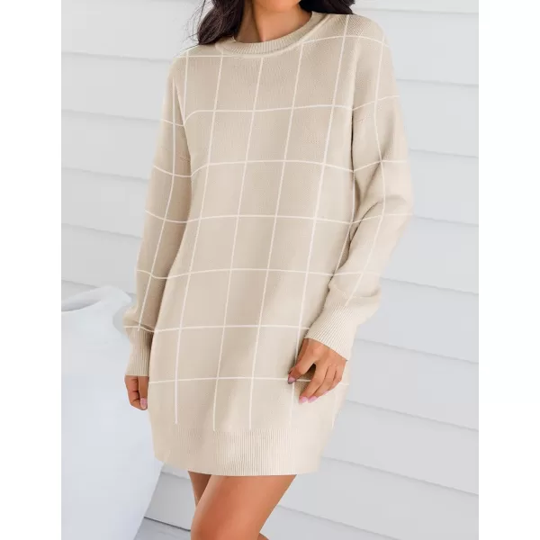 imageZESICA Womens Casual Long Sleeve Tunic Sweater Dress Crew Neck Plaid Knit Oversized Pullover Jumper TopsApricot