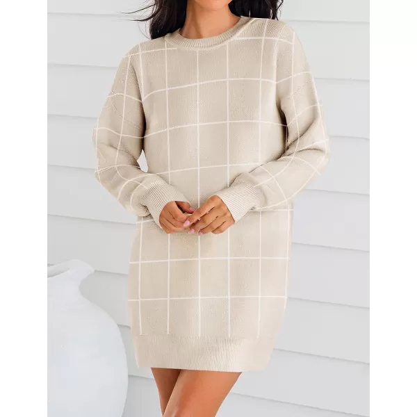 imageZESICA Womens Casual Long Sleeve Tunic Sweater Dress Crew Neck Plaid Knit Oversized Pullover Jumper TopsApricot