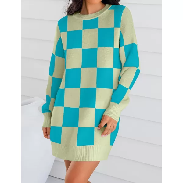 imageZESICA Womens Casual Long Sleeve Tunic Sweater Dress Crew Neck Plaid Knit Oversized Pullover Jumper TopsAqua