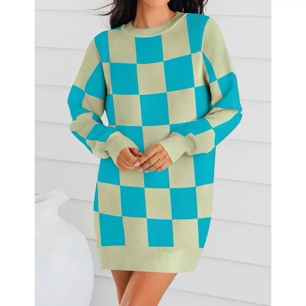 imageZESICA Womens Casual Long Sleeve Tunic Sweater Dress Crew Neck Plaid Knit Oversized Pullover Jumper TopsAqua