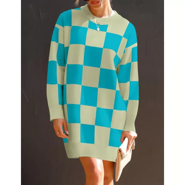imageZESICA Womens Casual Long Sleeve Tunic Sweater Dress Crew Neck Plaid Knit Oversized Pullover Jumper TopsAqua