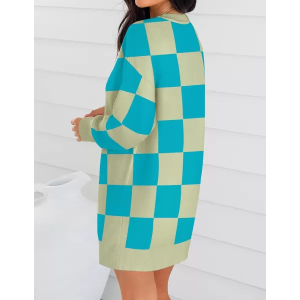 imageZESICA Womens Casual Long Sleeve Tunic Sweater Dress Crew Neck Plaid Knit Oversized Pullover Jumper TopsAqua