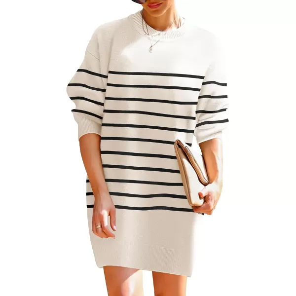 imageZESICA Womens Casual Long Sleeve Tunic Sweater Dress Crew Neck Plaid Knit Oversized Pullover Jumper TopsBeige