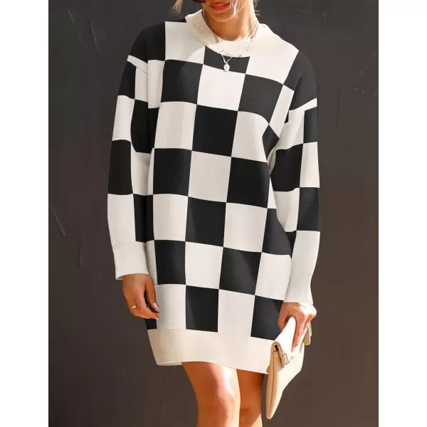 imageZESICA Womens Casual Long Sleeve Tunic Sweater Dress Crew Neck Plaid Knit Oversized Pullover Jumper TopsBlack
