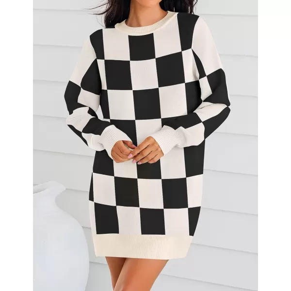 imageZESICA Womens Casual Long Sleeve Tunic Sweater Dress Crew Neck Plaid Knit Oversized Pullover Jumper TopsBlack