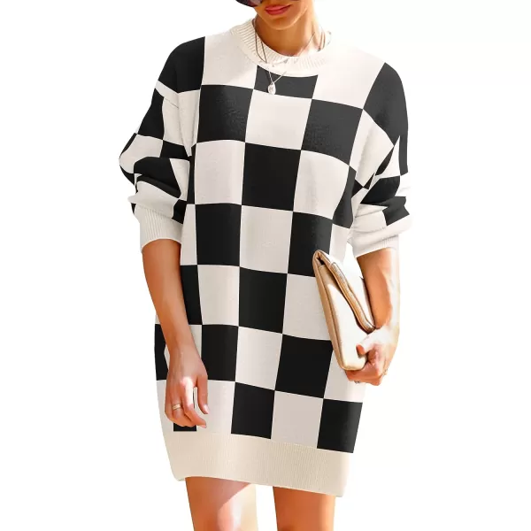 imageZESICA Womens Casual Long Sleeve Tunic Sweater Dress Crew Neck Plaid Knit Oversized Pullover Jumper TopsBlack