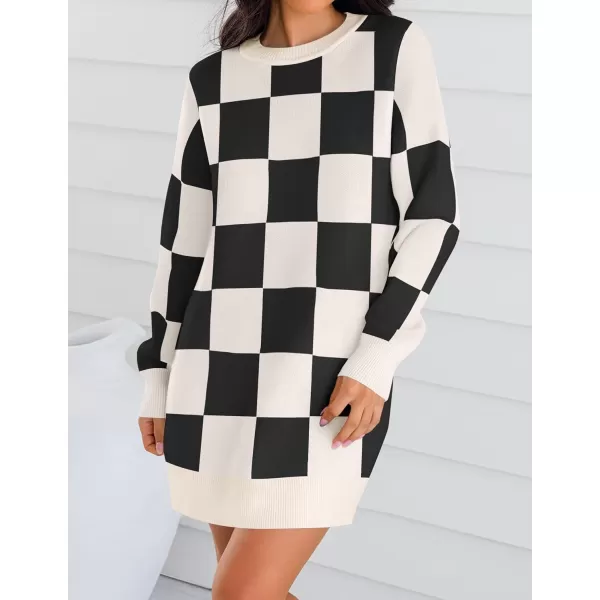 imageZESICA Womens Casual Long Sleeve Tunic Sweater Dress Crew Neck Plaid Knit Oversized Pullover Jumper TopsBlack
