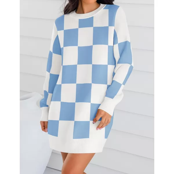imageZESICA Womens Casual Long Sleeve Tunic Sweater Dress Crew Neck Plaid Knit Oversized Pullover Jumper TopsBlue