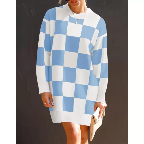 imageZESICA Womens Casual Long Sleeve Tunic Sweater Dress Crew Neck Plaid Knit Oversized Pullover Jumper TopsBlue