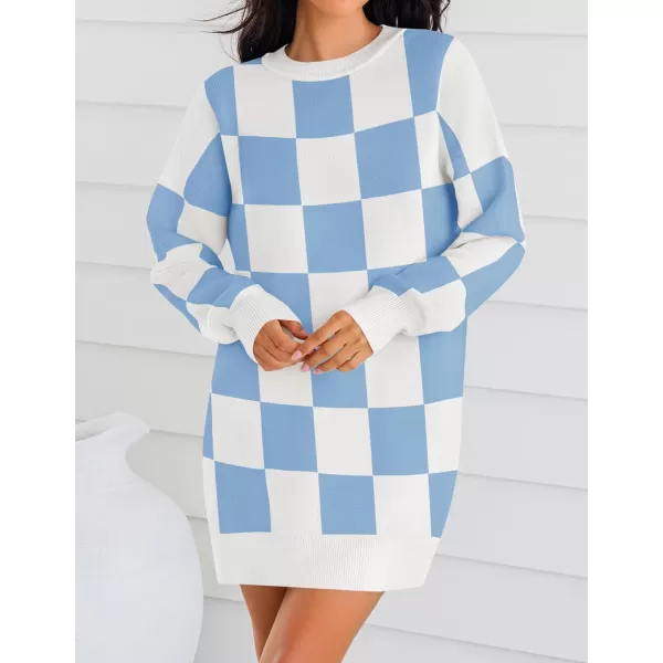 imageZESICA Womens Casual Long Sleeve Tunic Sweater Dress Crew Neck Plaid Knit Oversized Pullover Jumper TopsBlue