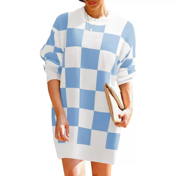 imageZESICA Womens Casual Long Sleeve Tunic Sweater Dress Crew Neck Plaid Knit Oversized Pullover Jumper TopsBlue