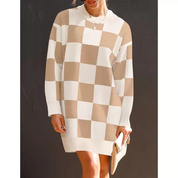 imageZESICA Womens Casual Long Sleeve Tunic Sweater Dress Crew Neck Plaid Knit Oversized Pullover Jumper TopsKhaki