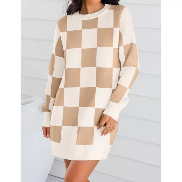 imageZESICA Womens Casual Long Sleeve Tunic Sweater Dress Crew Neck Plaid Knit Oversized Pullover Jumper TopsKhaki