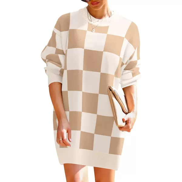 imageZESICA Womens Casual Long Sleeve Tunic Sweater Dress Crew Neck Plaid Knit Oversized Pullover Jumper TopsKhaki