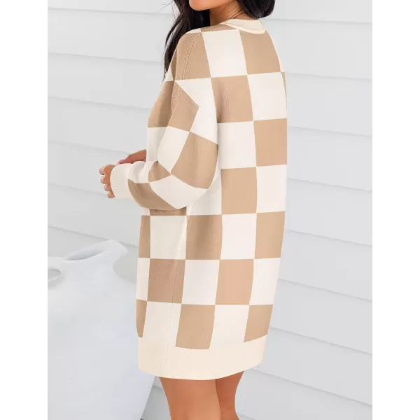 imageZESICA Womens Casual Long Sleeve Tunic Sweater Dress Crew Neck Plaid Knit Oversized Pullover Jumper TopsKhaki