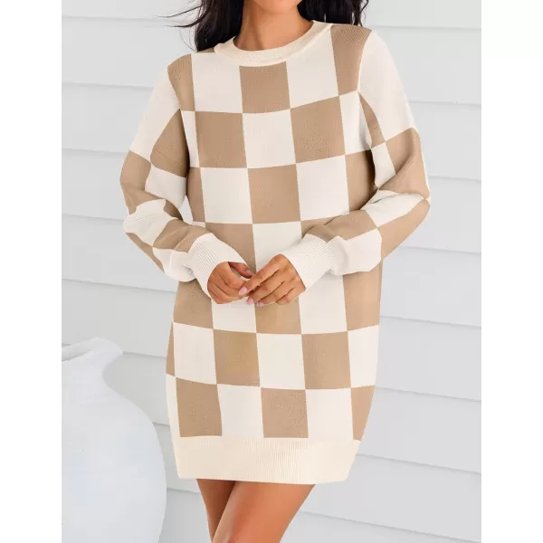 imageZESICA Womens Casual Long Sleeve Tunic Sweater Dress Crew Neck Plaid Knit Oversized Pullover Jumper TopsKhaki