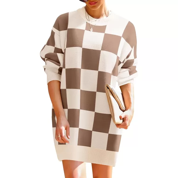 imageZESICA Womens Casual Long Sleeve Tunic Sweater Dress Crew Neck Plaid Knit Oversized Pullover Jumper TopsLightcoffee