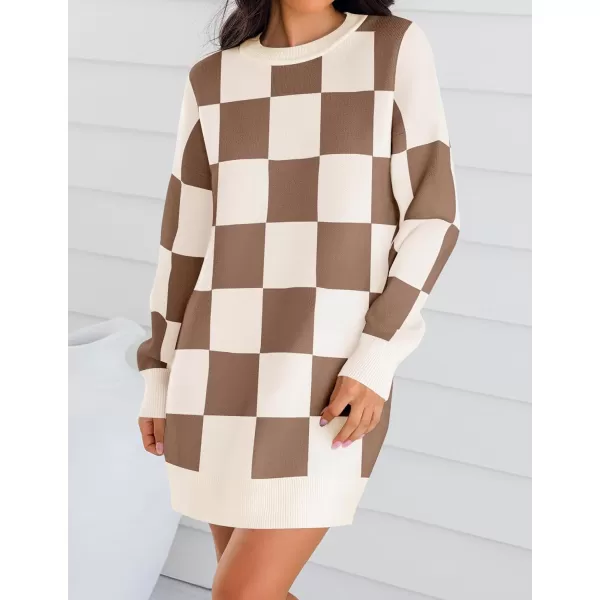 imageZESICA Womens Casual Long Sleeve Tunic Sweater Dress Crew Neck Plaid Knit Oversized Pullover Jumper TopsLightcoffee