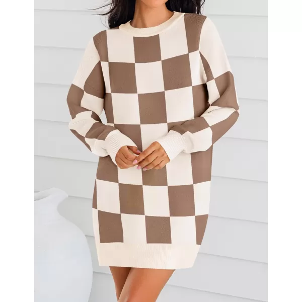 imageZESICA Womens Casual Long Sleeve Tunic Sweater Dress Crew Neck Plaid Knit Oversized Pullover Jumper TopsLightcoffee