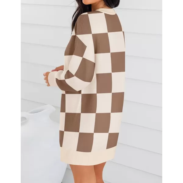 imageZESICA Womens Casual Long Sleeve Tunic Sweater Dress Crew Neck Plaid Knit Oversized Pullover Jumper TopsLightcoffee
