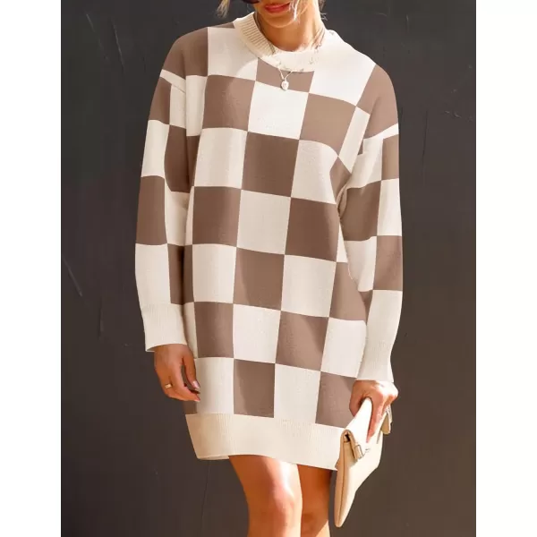 imageZESICA Womens Casual Long Sleeve Tunic Sweater Dress Crew Neck Plaid Knit Oversized Pullover Jumper TopsLightcoffee