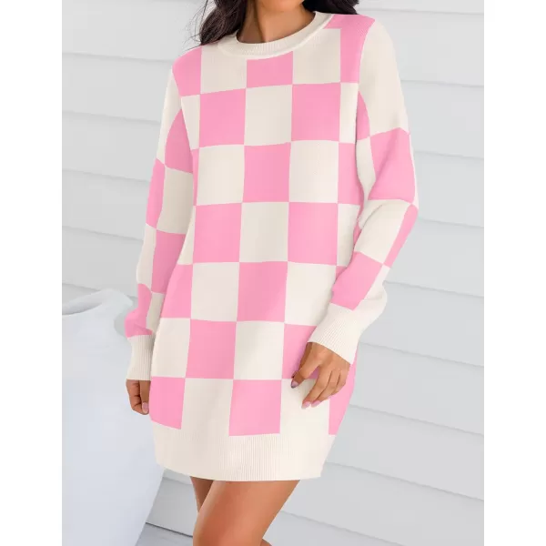 imageZESICA Womens Casual Long Sleeve Tunic Sweater Dress Crew Neck Plaid Knit Oversized Pullover Jumper TopsPink