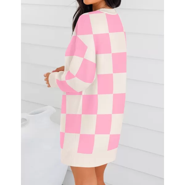 imageZESICA Womens Casual Long Sleeve Tunic Sweater Dress Crew Neck Plaid Knit Oversized Pullover Jumper TopsPink