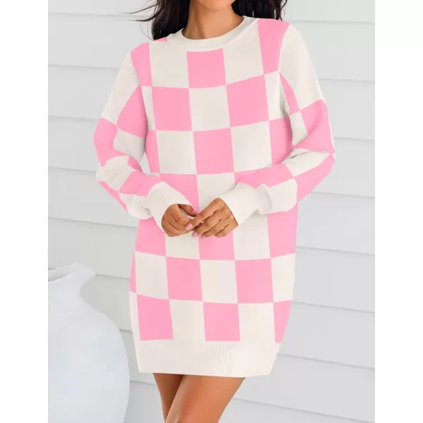 imageZESICA Womens Casual Long Sleeve Tunic Sweater Dress Crew Neck Plaid Knit Oversized Pullover Jumper TopsPink