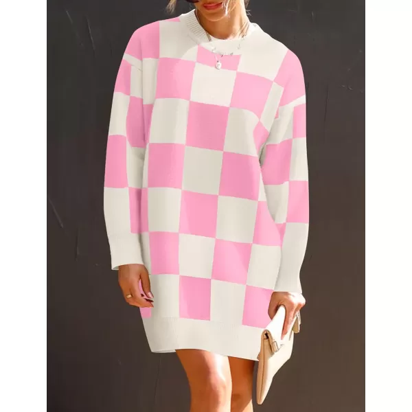 imageZESICA Womens Casual Long Sleeve Tunic Sweater Dress Crew Neck Plaid Knit Oversized Pullover Jumper TopsPink