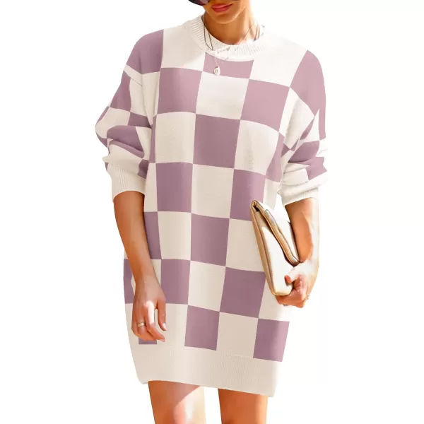 imageZESICA Womens Casual Long Sleeve Tunic Sweater Dress Crew Neck Plaid Knit Oversized Pullover Jumper TopsPurple
