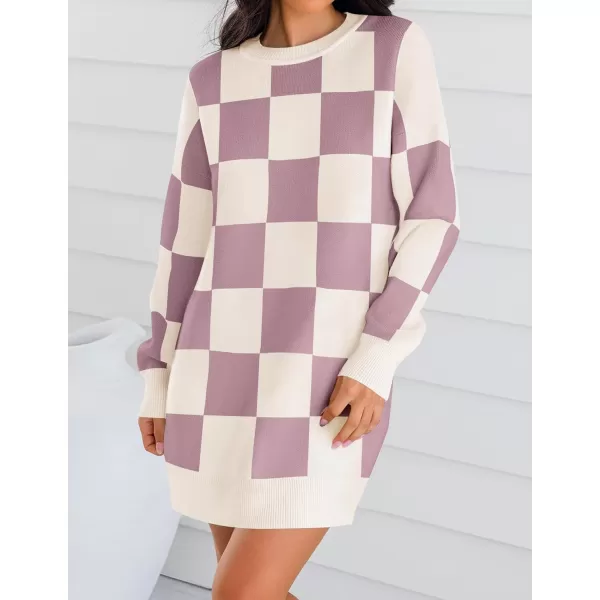 imageZESICA Womens Casual Long Sleeve Tunic Sweater Dress Crew Neck Plaid Knit Oversized Pullover Jumper TopsPurple