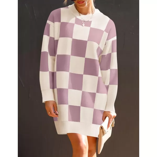 imageZESICA Womens Casual Long Sleeve Tunic Sweater Dress Crew Neck Plaid Knit Oversized Pullover Jumper TopsPurple
