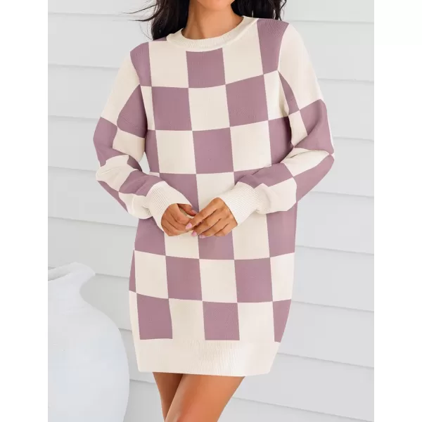 imageZESICA Womens Casual Long Sleeve Tunic Sweater Dress Crew Neck Plaid Knit Oversized Pullover Jumper TopsPurple