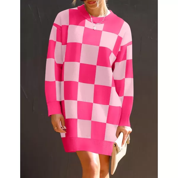 imageZESICA Womens Casual Long Sleeve Tunic Sweater Dress Crew Neck Plaid Knit Oversized Pullover Jumper TopsRose