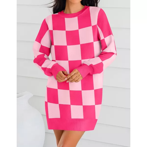 imageZESICA Womens Casual Long Sleeve Tunic Sweater Dress Crew Neck Plaid Knit Oversized Pullover Jumper TopsRose