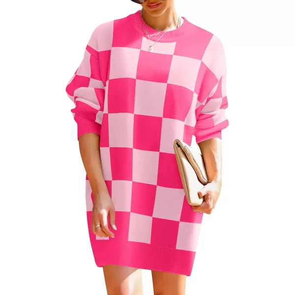imageZESICA Womens Casual Long Sleeve Tunic Sweater Dress Crew Neck Plaid Knit Oversized Pullover Jumper TopsRose